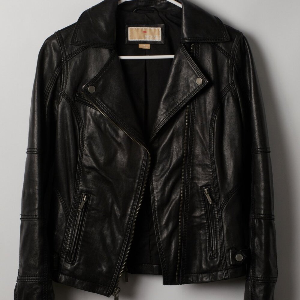 Michael Kors Black Leather Moto Jacket with Asymmetrical Zippers XS